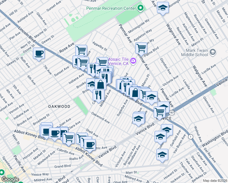 map of restaurants, bars, coffee shops, grocery stores, and more near 1501 Lincoln Boulevard in Los Angeles