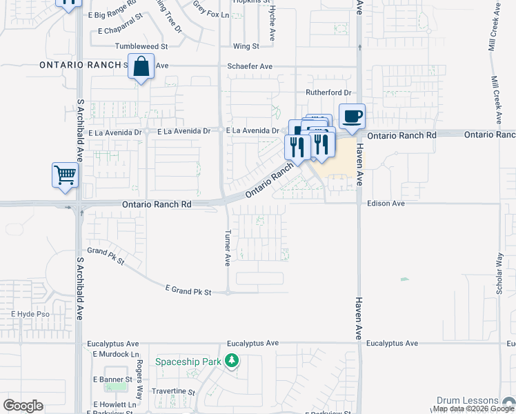 map of restaurants, bars, coffee shops, grocery stores, and more near 3193 East Mount Rainier Drive in Ontario