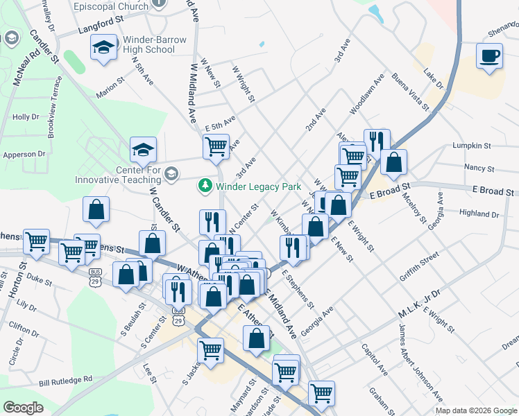 map of restaurants, bars, coffee shops, grocery stores, and more near 130 North Center Street in Winder