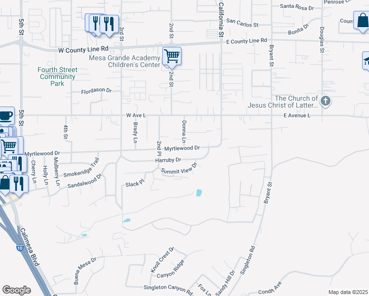 map of restaurants, bars, coffee shops, grocery stores, and more near 147 Myrtlewood Drive in Calimesa