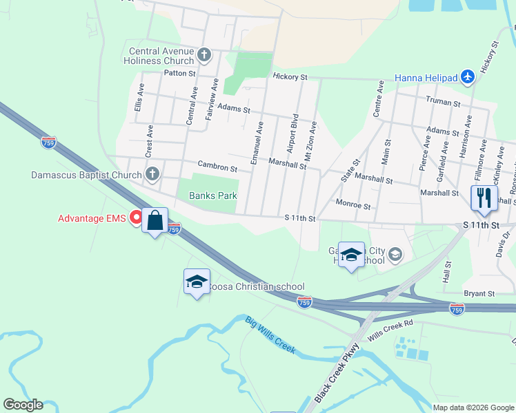 map of restaurants, bars, coffee shops, grocery stores, and more near 1832 Emanuel Avenue in Gadsden