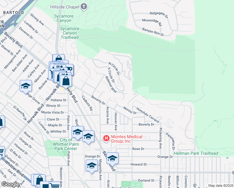 map of restaurants, bars, coffee shops, grocery stores, and more near 12070 Rideout Way in Whittier