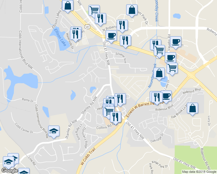 map of restaurants, bars, coffee shops, grocery stores, and more near 1751 Taynton Circle in Kennesaw