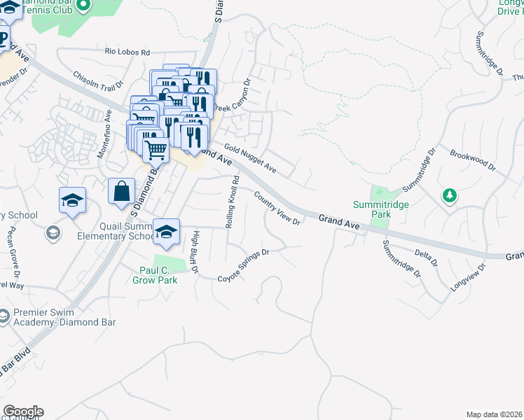 map of restaurants, bars, coffee shops, grocery stores, and more near 1511 Deer Crossing Drive in Diamond Bar