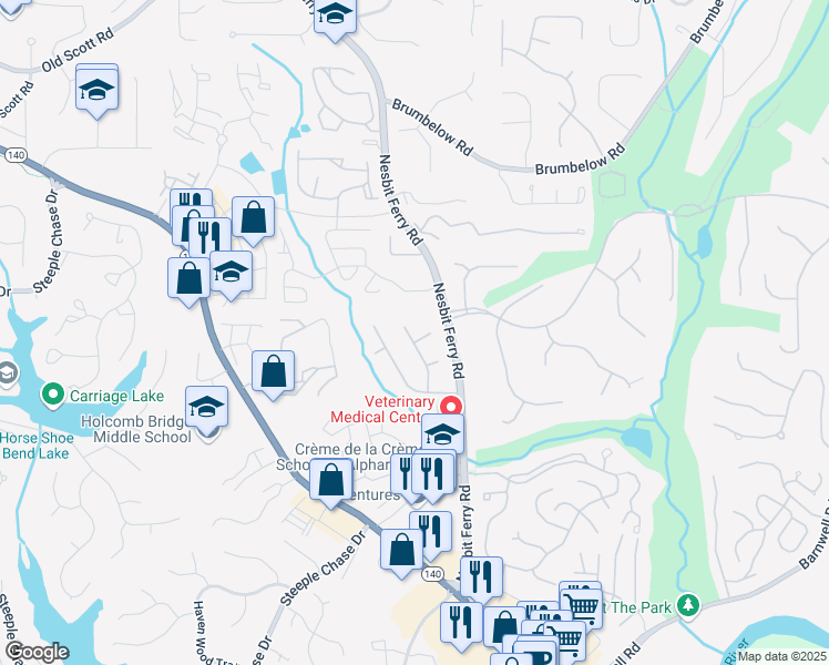 map of restaurants, bars, coffee shops, grocery stores, and more near 8940 Powderdam Drive in Alpharetta
