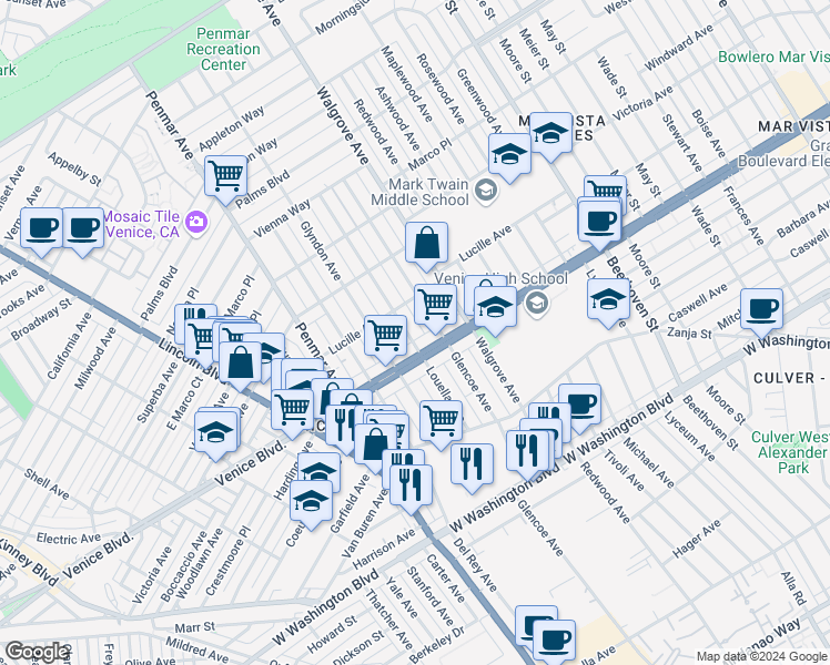 map of restaurants, bars, coffee shops, grocery stores, and more near 2326 Louella Avenue in Los Angeles