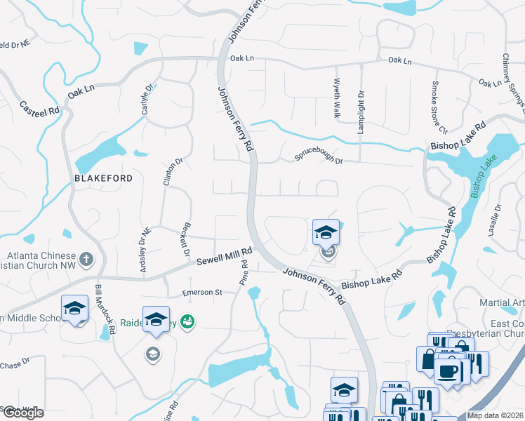 map of restaurants, bars, coffee shops, grocery stores, and more near 4080 Oak Forest Circle in Marietta