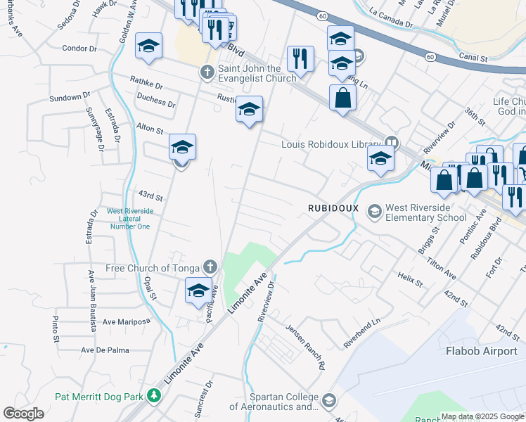 map of restaurants, bars, coffee shops, grocery stores, and more near 6088 Vista De Oro in Riverside