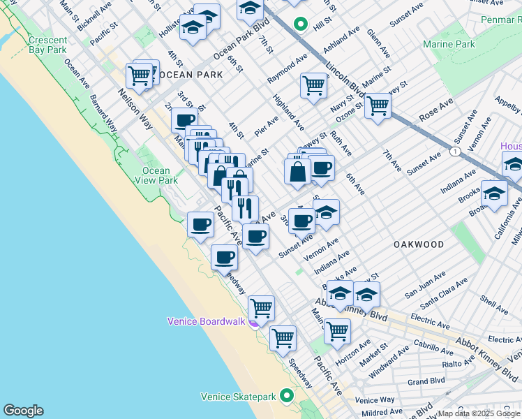 map of restaurants, bars, coffee shops, grocery stores, and more near 252 Hampton Drive in Los Angeles