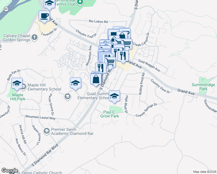 map of restaurants, bars, coffee shops, grocery stores, and more near 1350 South Diamond Bar Boulevard in Diamond Bar