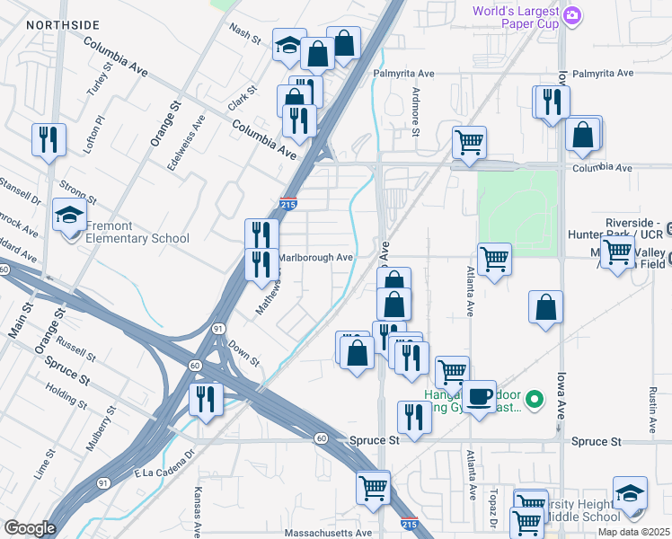 map of restaurants, bars, coffee shops, grocery stores, and more near 1911 Cefalu Court in Riverside