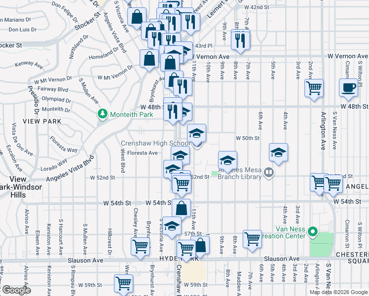 map of restaurants, bars, coffee shops, grocery stores, and more near 3322 West 50th Street in Los Angeles