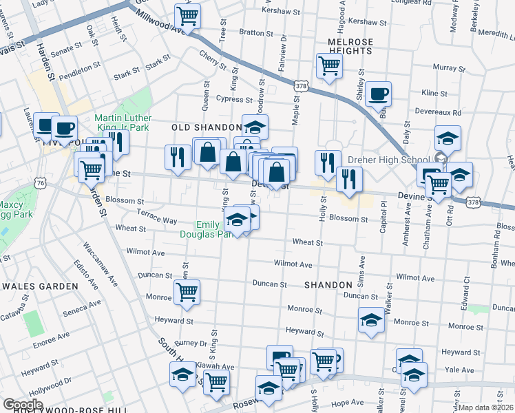map of restaurants, bars, coffee shops, grocery stores, and more near 607 Woodrow Street in Columbia