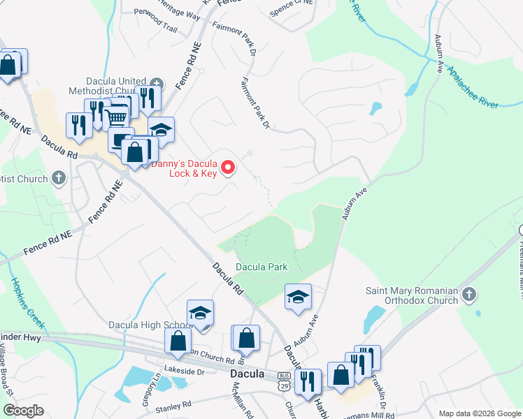 map of restaurants, bars, coffee shops, grocery stores, and more near 2775 Freemans Walk Drive in Dacula