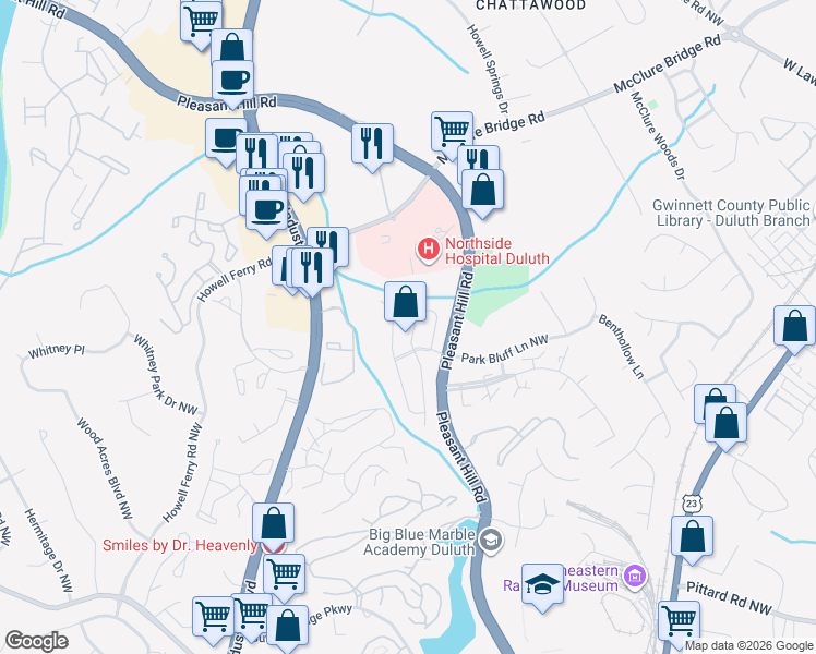map of restaurants, bars, coffee shops, grocery stores, and more near 3744 Meeting Street Northwest in Duluth