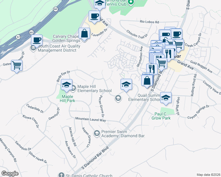 map of restaurants, bars, coffee shops, grocery stores, and more near 22735 Ironbark Drive in Diamond Bar