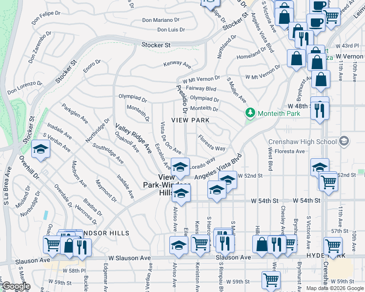 map of restaurants, bars, coffee shops, grocery stores, and more near 4944 Orinda Avenue in View Park-Windsor Hills