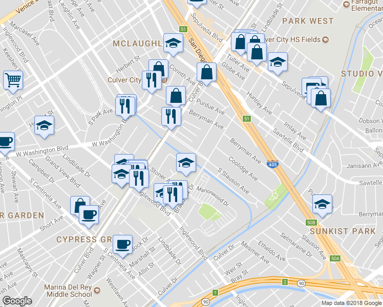 map of restaurants, bars, coffee shops, grocery stores, and more near 4525 South Slauson Avenue in Culver City