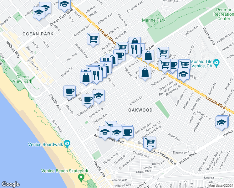 map of restaurants, bars, coffee shops, grocery stores, and more near 615 6th Avenue in Los Angeles