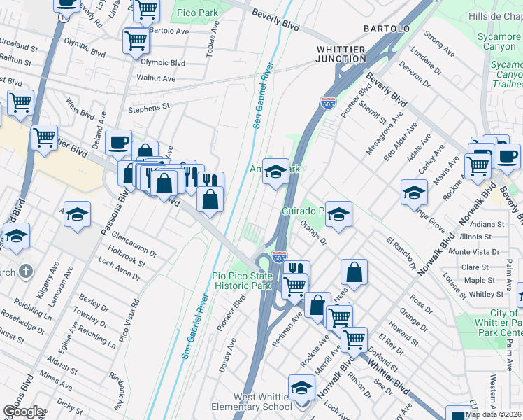 map of restaurants, bars, coffee shops, grocery stores, and more near 5735 Esperanza Avenue in Whittier