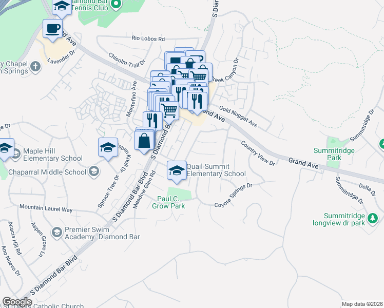 map of restaurants, bars, coffee shops, grocery stores, and more near 1456 Winterwood Lane in Diamond Bar