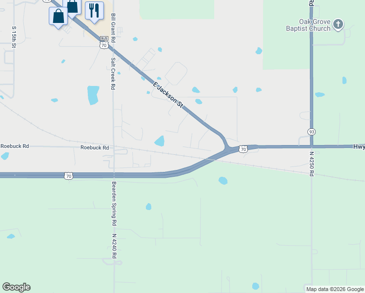 map of restaurants, bars, coffee shops, grocery stores, and more near 2801 Jaymac Drive in Hugo