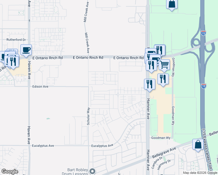 map of restaurants, bars, coffee shops, grocery stores, and more near 11071 Edison Avenue in Ontario