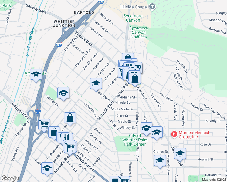 map of restaurants, bars, coffee shops, grocery stores, and more near 10729 Shire Place in Whittier