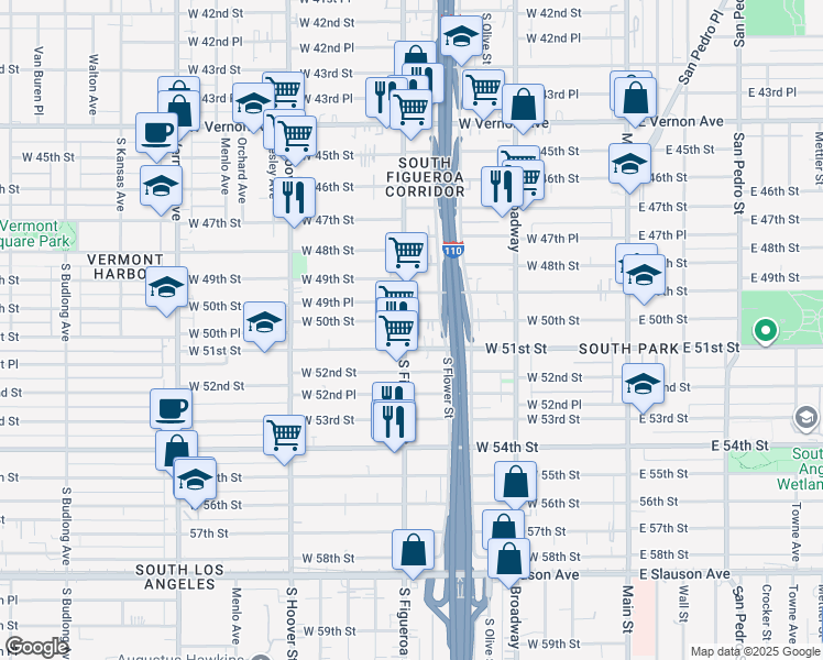 map of restaurants, bars, coffee shops, grocery stores, and more near 455 West 50th Street in Los Angeles