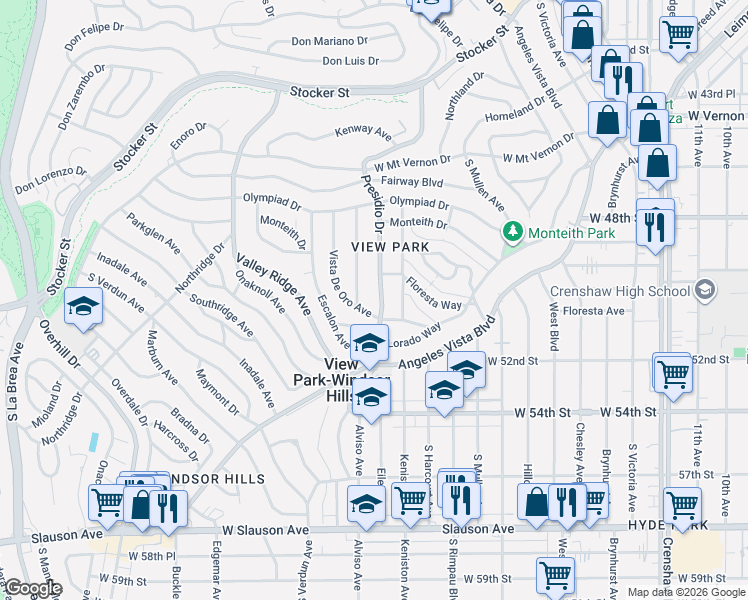 map of restaurants, bars, coffee shops, grocery stores, and more near 4944 Orinda Avenue in View Park-Windsor Hills