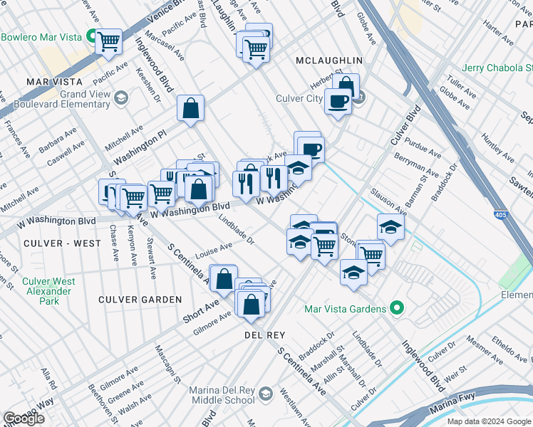 map of restaurants, bars, coffee shops, grocery stores, and more near 11928 Washington Boulevard in Los Angeles