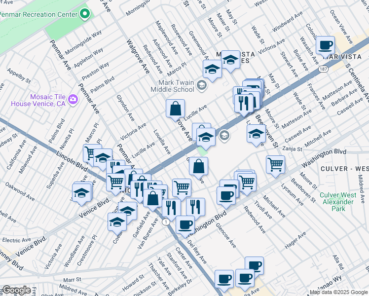 map of restaurants, bars, coffee shops, grocery stores, and more near 2336 Glencoe Avenue in Los Angeles