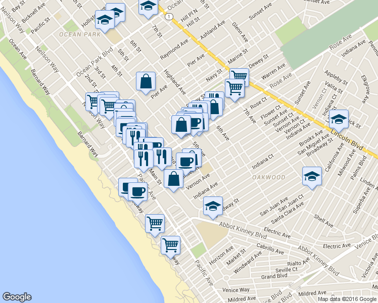 map of restaurants, bars, coffee shops, grocery stores, and more near 412 Rose Avenue in Los Angeles