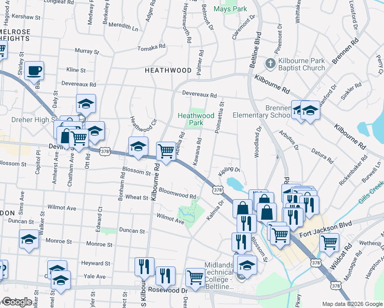 map of restaurants, bars, coffee shops, grocery stores, and more near 712 Abelia Road in Columbia
