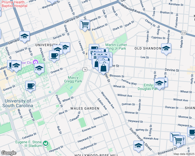 map of restaurants, bars, coffee shops, grocery stores, and more near 701 Santee Avenue in Columbia