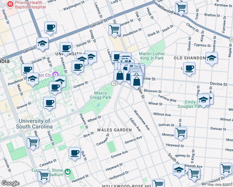 map of restaurants, bars, coffee shops, grocery stores, and more near 620 Saluda Avenue in Columbia