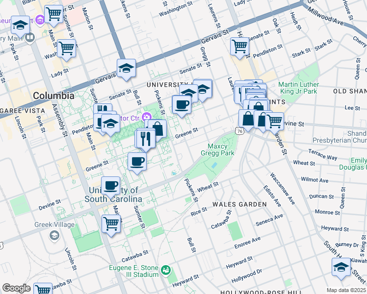 map of restaurants, bars, coffee shops, grocery stores, and more near 709 Henderson Street in Columbia