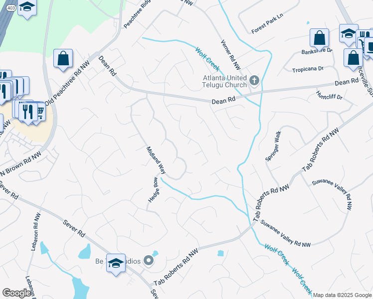 map of restaurants, bars, coffee shops, grocery stores, and more near 1061 Oak Hollow Court in Lawrenceville