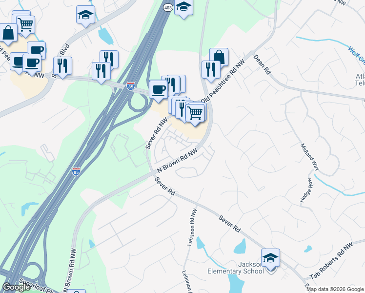 map of restaurants, bars, coffee shops, grocery stores, and more near 2348 Gallard Street in Lawrenceville