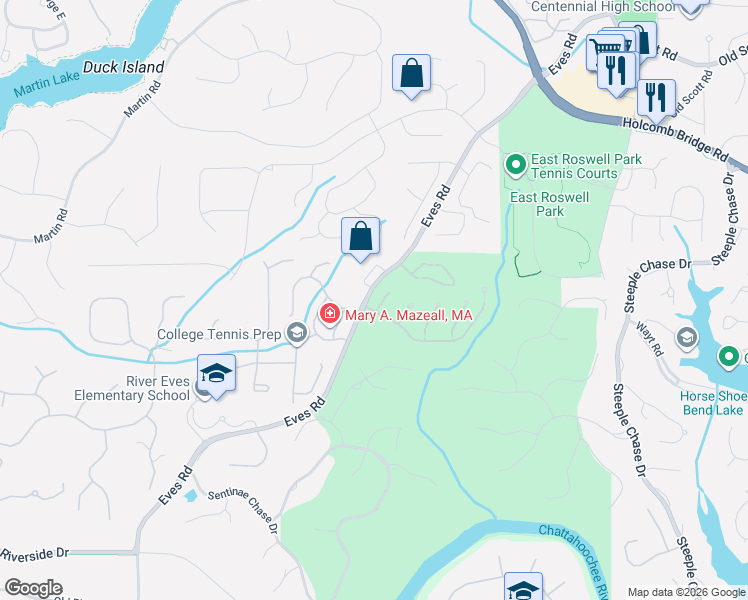 map of restaurants, bars, coffee shops, grocery stores, and more near 630 River Falls Court in Roswell