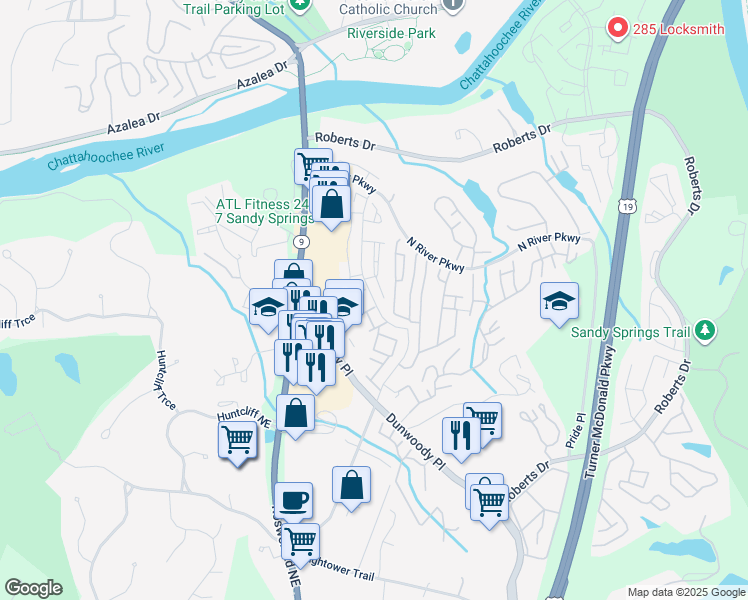 map of restaurants, bars, coffee shops, grocery stores, and more near 275 Winding River Drive in Atlanta