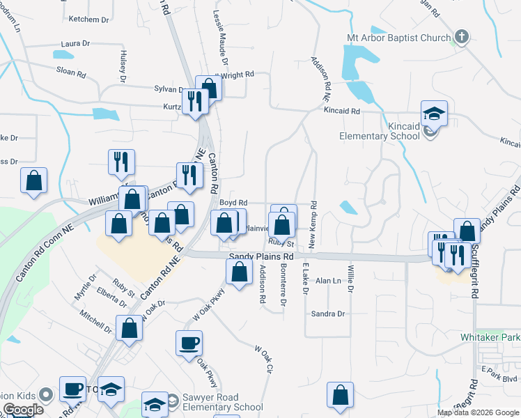 map of restaurants, bars, coffee shops, grocery stores, and more near 1900 Addison Road in Marietta