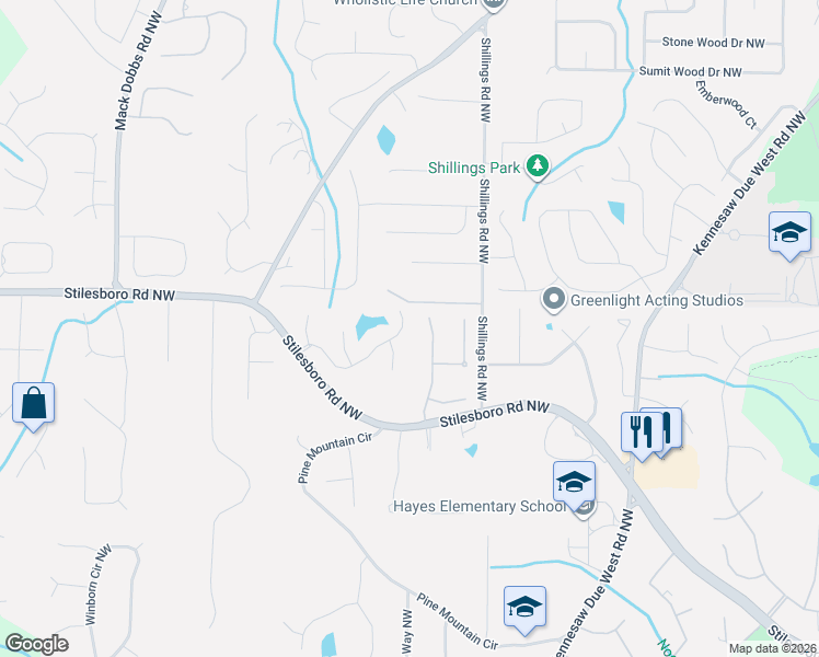 map of restaurants, bars, coffee shops, grocery stores, and more near 3009 Waterdance Drive Northwest in Kennesaw