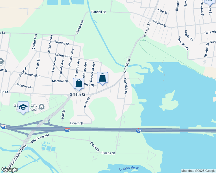 map of restaurants, bars, coffee shops, grocery stores, and more near 1317 South 11th Street in Gadsden
