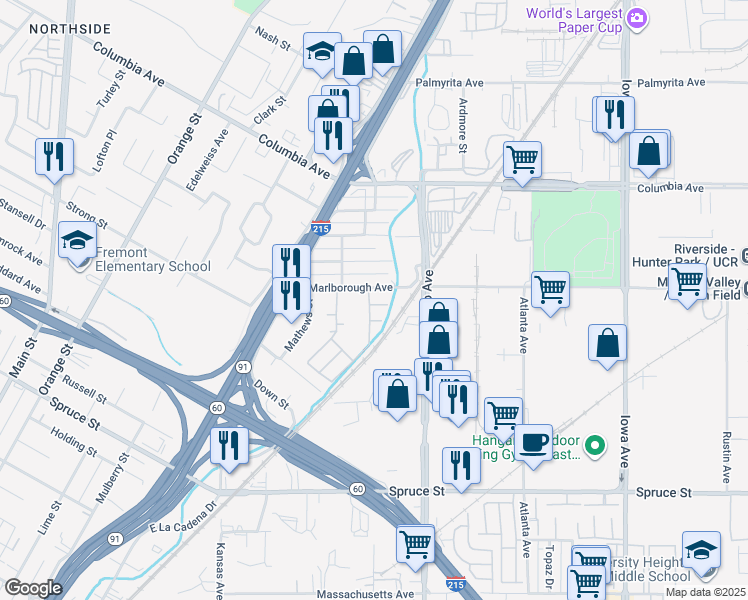 map of restaurants, bars, coffee shops, grocery stores, and more near 1911 Cefalu Court in Riverside