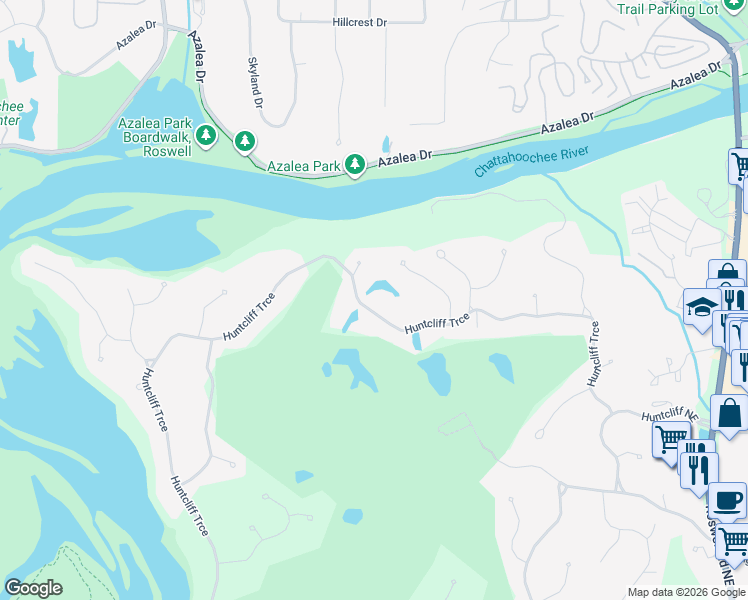 map of restaurants, bars, coffee shops, grocery stores, and more near 9075 Huntcliff Trce in Atlanta