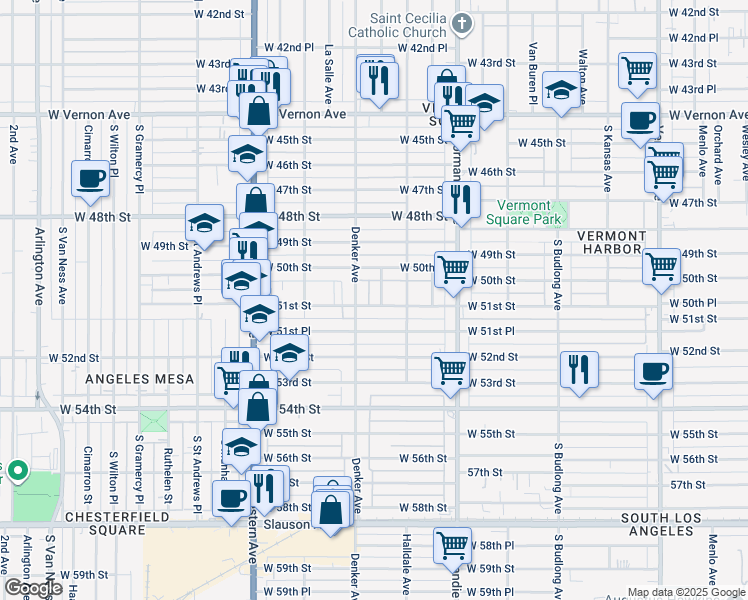 map of restaurants, bars, coffee shops, grocery stores, and more near 1507 West 51st Street in Los Angeles