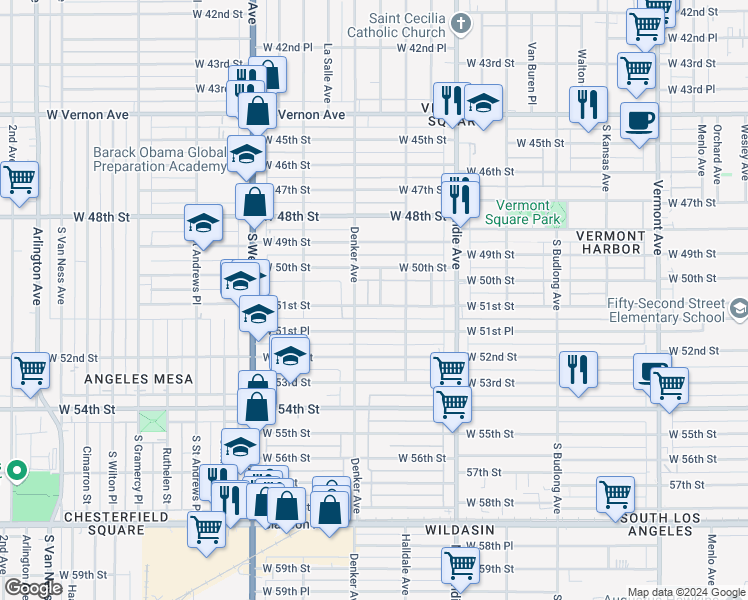 map of restaurants, bars, coffee shops, grocery stores, and more near 1507 West 51st Street in Los Angeles