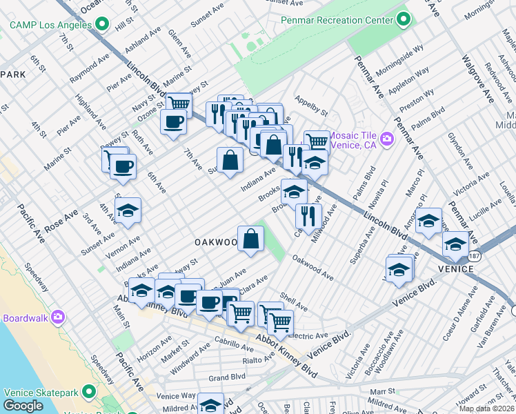 map of restaurants, bars, coffee shops, grocery stores, and more near 732 Brooks Avenue in Los Angeles