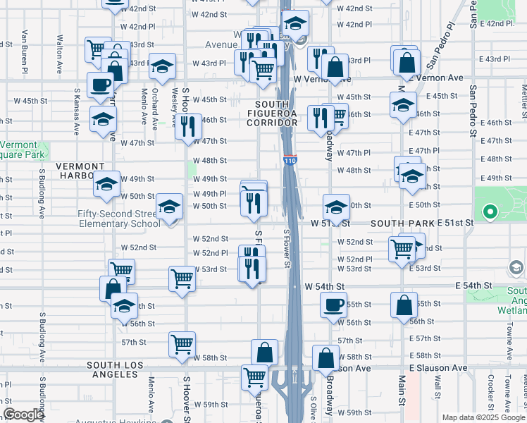 map of restaurants, bars, coffee shops, grocery stores, and more near 474 West 50th Street in Los Angeles